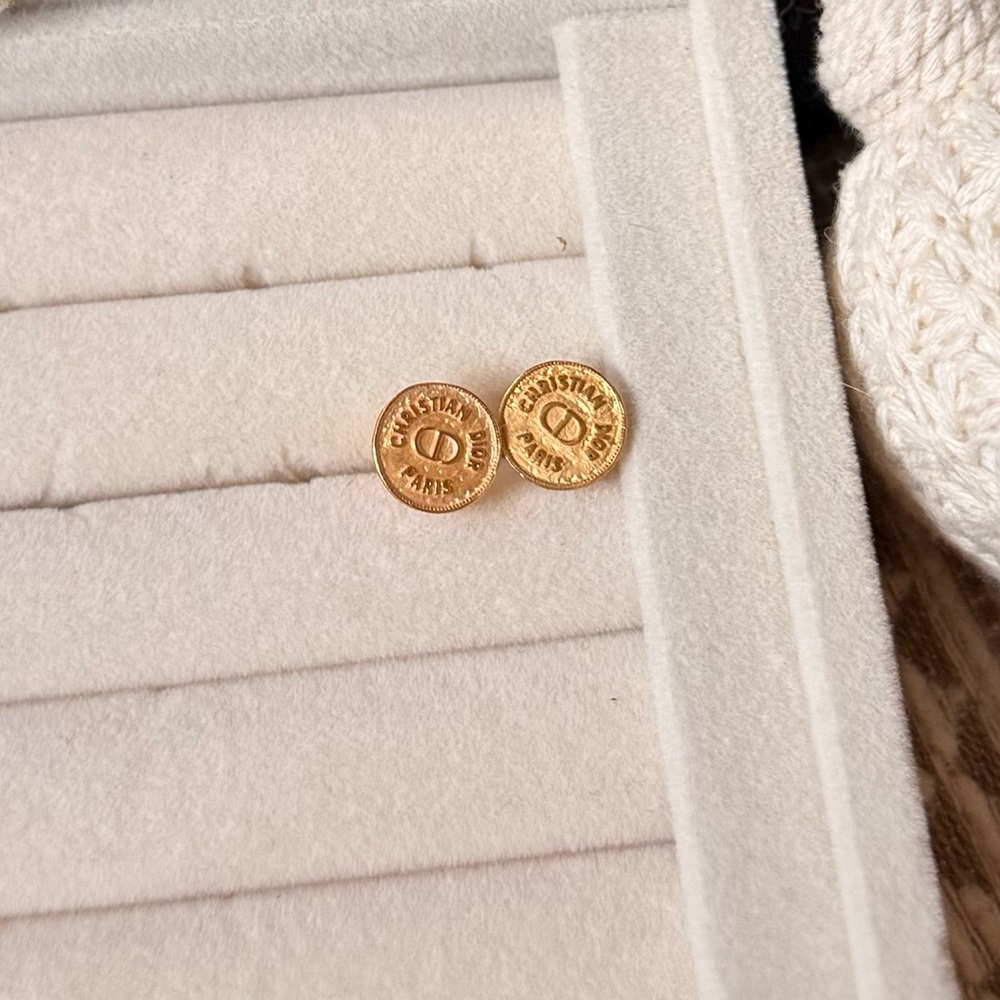 Vintage Christian Dior Paris CD Logo Gold Stud Earrings - Picture 2 of 7